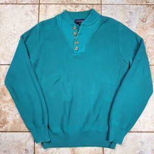 Vintage Lands' End Turquoise Buttoned 100% Cotton Button Crewneck Sweater